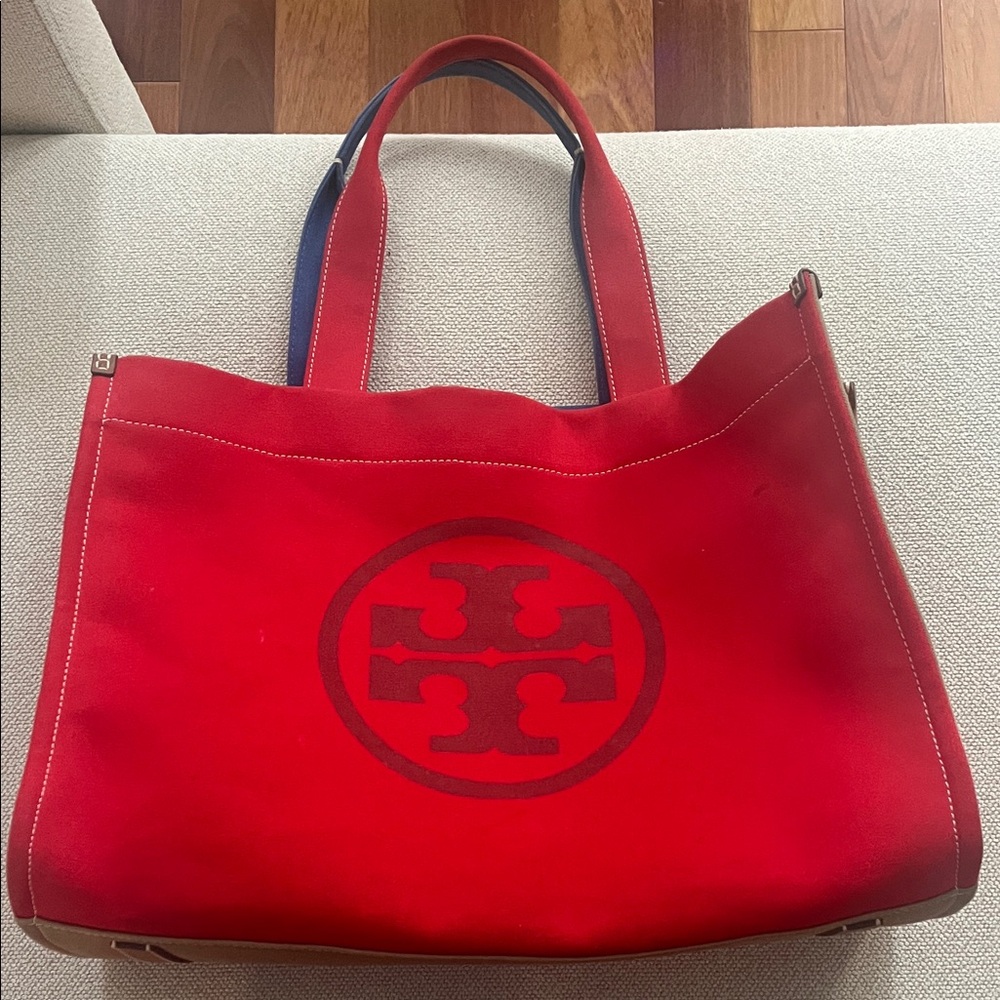 Tory Burch Red and Blue Canvas Tote